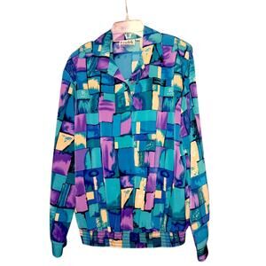 VINTAGE TEDDI 80s 90s Satin Blouse Top Shirt No Wrinkle XL Colorful Geometric‎